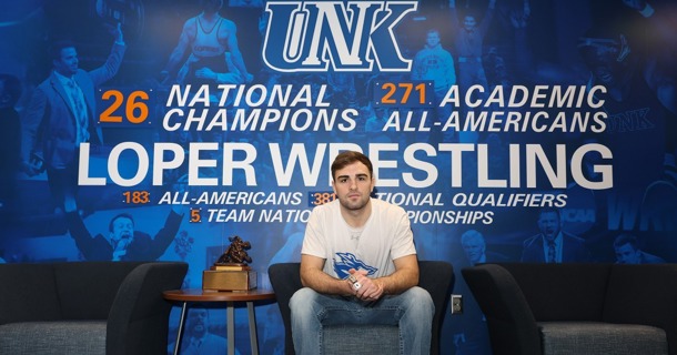 Jackson Kinsella is a two-time All-American wrestler at UNK, where he’s been part of two national championship teams. His goal this season? “Individual and team national titles. It’s that simple.” (Photo by Erika Pritchard, UNK Communications)