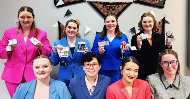 The Hastings College forensics team at the Doane tournament included (front, l to r) Avery Usher, Yeira Ramirez, Ally Goad and Hailey Gifford; and (back, l to r) Abby Klatt, Meg Dedic, Madi Holman and El Waldon. Not pictured: Brooke Brockman.