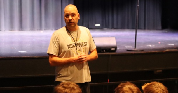Kyle Carder in front of players Thursday at Northwest High School 